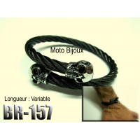 Br-157, Bracelet Tête de mort, câble noir , Acier inoxidable « stainless steel » 
